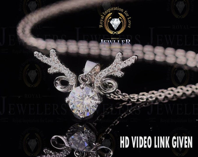 Deer Antlers Pendant Forever One Round Moissanite Necklace, White Gold Necklace, Rose Gold Necklace, Diamond Necklace, 14K/18K Gold Necklace