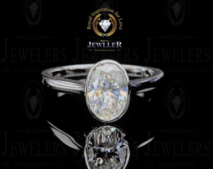 2 CT Forever One Oval Cut Engagement Ring in Solid White 14k/18k Gold, Moissanite Oval Cut Engagement Ring ,Round Bezel Solitaire Bezel Ring