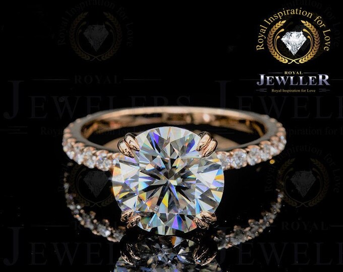 Round Cut VVS2 Forever One Moissanite Double Prong Engagement Ring Hidden Halo 14k Yellow Gold Handmade Gorgeous  Art Deco Ring For Gift