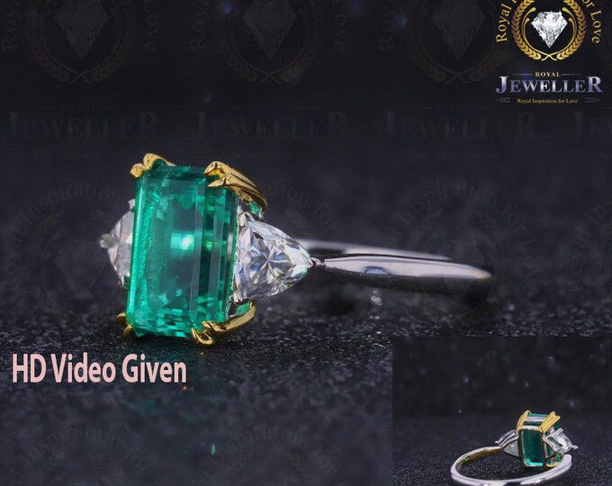 4.14CTW Dark Green Emerald Cut Moissanite & Trillian Colorless Moissanite On Side Three Stone Engagement Ring, Solid Gold Ring, 950 Platinum