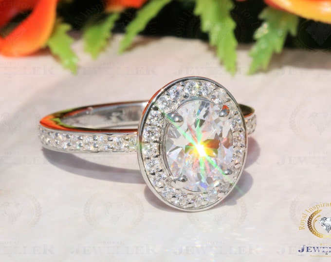 3.48 CTW Oval Colorless Moissanite Engagement Ring, Channel Setting, Halo Wedding Ring, Handmade Ring, White/Yellow/Rose Gold Ring For Gift