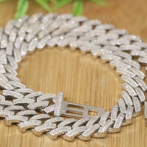 16MM Baguette/Round Cut Moissanite VVS1 ICED OUT Miami Halo Cuban Chain 14K White Solid, Replicate Real Diamond, Hip Hop Curb Cuban Link