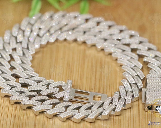 16MM Baguette/Round Cut Moissanite VVS1 ICED OUT Miami Halo Cuban Chain 14K White Solid, Replicate Real Diamond, Hip Hop Curb Cuban Link