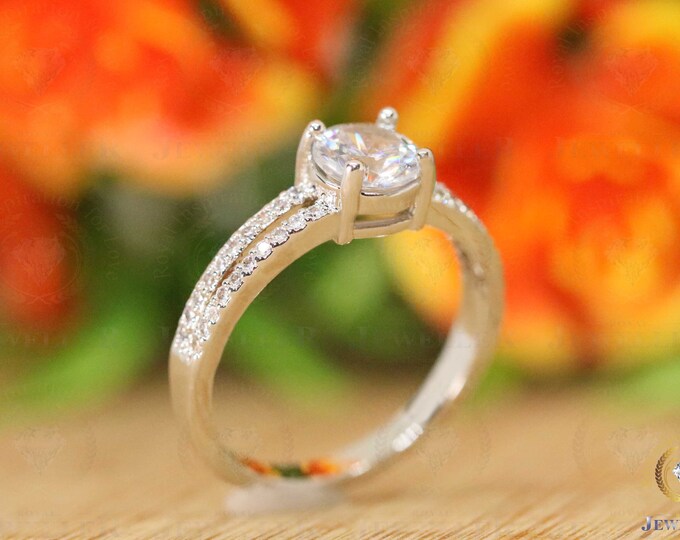 3.21Ct Round Colorless Moissanite Engagement Ring 14KT White Gold Split Shank Engagement Ring, Anniversary Gift Four Prongs Ring Custom Ring