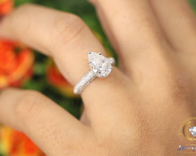4.71Ctw Pear Cut Hidden Halo Colorless Moissanite Engagement Ring, Moissanite Wedding Ring, Gold Ring, Pear Cut Anniversary Ring For Gift