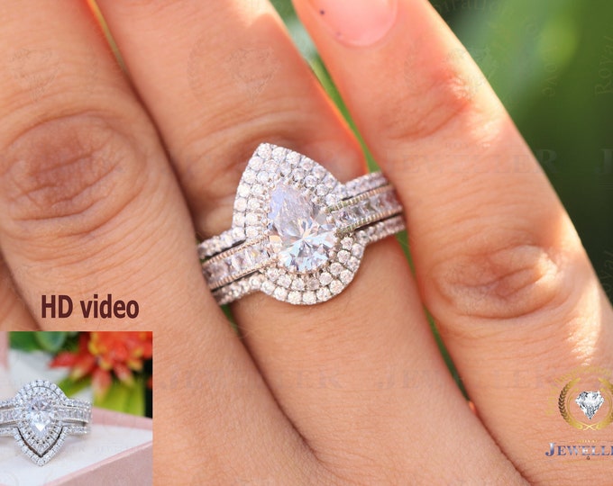 Moissanite Bridal Set, 2.2CT Pear Cut Moissanite Engagement Ring, 14k White Gold Wedding Ring Set, Anniversary Ring, Bridal Ring Set For Her