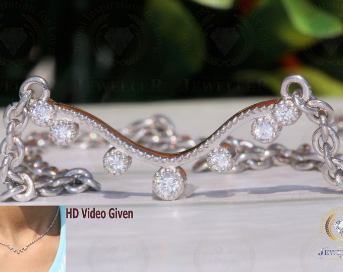 Curved Filigree Colorless Round Cut Moissanite Wedding Necklace 14kt White Solid Gold, Moissanite Pendnet Gift For Her, Delicate Pendent