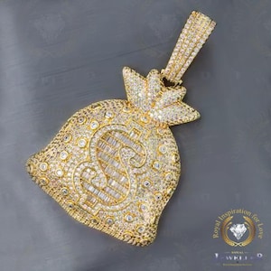 Custom Hip Hop Money Bag Pendent, VVS Round Colorless Moissanite, Alternate Real Diamond Pendant, 935 Argentium Gold Plated Iced Out Pendant