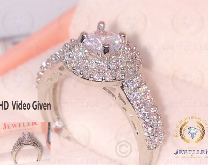 Colorless Moissanite Round Halo Engagement Ring In Solid 14k/18k White Gold, Double Halo Moissanite Ring, Platinum Halo Round Wedding Ring