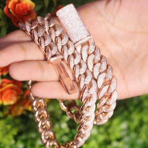 18mm 61.29CTW VVS1/Colorless Moissanite Alternate Real Diamond Cuban Link Chain, Hip Hop Rapper Round Link , Iced Out 24" Rose Gold Plated