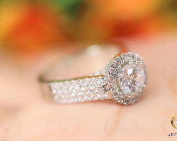 3.46CTW Round Colorless Moissanite Ring | Halo Ring | Engagement Ring | Wedding Ring | Three Row Ring | White Gold Ring | Brilliant Cut Ring