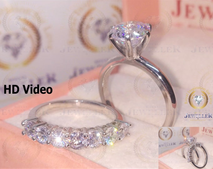 5.78 TCW Round Colorless Moissanite Bridal Set, Solitaire Engagement Ring Set, Wedding Band, 10k/14k/18k/Platinum  Solid Gold Wedding Set