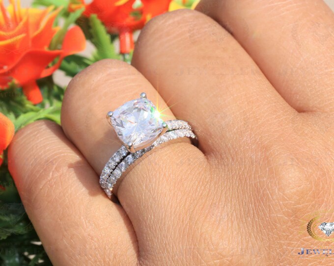 3.65 TCW Cushion VVS1 Colorless Moissanite Bridal Set, Under Halo Engagement Ring, Round Moissanite Eternity Wedding Band, Anniversary Gift