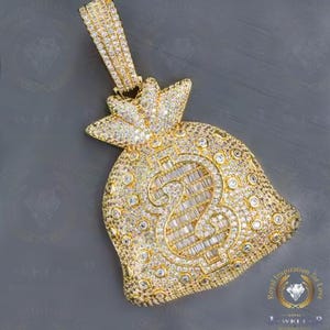 Custom Hip Hop Money Bag Pendent, VVS Round Colorless Moissanite, Alternate Real Diamond Pendant, 935 Argentium Gold Plated Iced Out Pendant