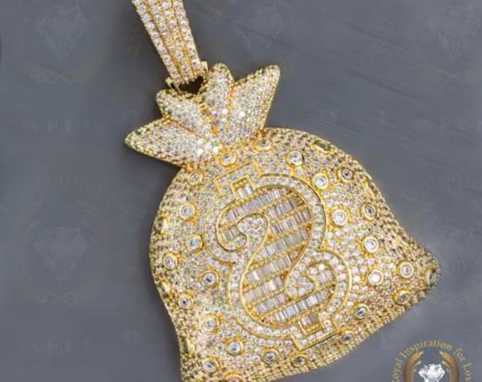 Custom Hip Hop Money Bag Pendent, VVS Round Colorless Moissanite, Alternate Real Diamond Pendant, 935 Argentium Gold Plated Iced Out Pendant