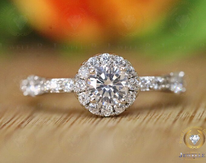 2.89Ctw Round Colorless VVS Moissanite Ring, Tulip Style Setting Halo Ring, 14K White Gold Engagement Ring/ Anniversary Ring/Wedding Ring
