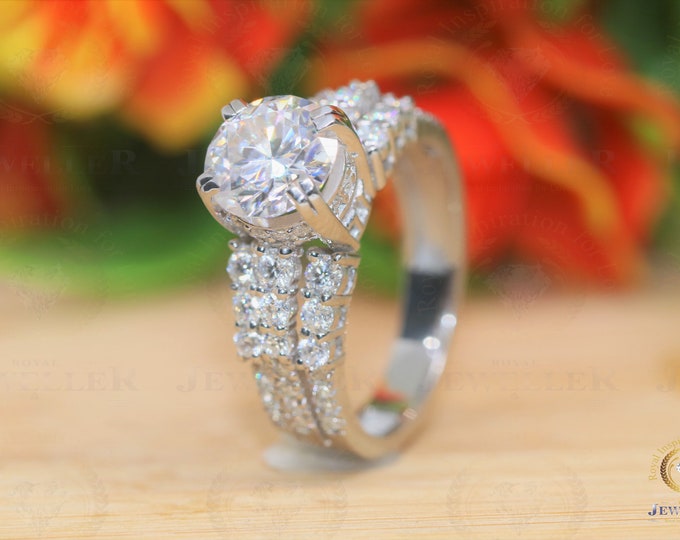 3.89CT Round Cut Colorless Moissanite Engagement Ring, Moissanite Solitaire Pave Ring, Moissanite Accent Brilliant Cut Engagement Ring