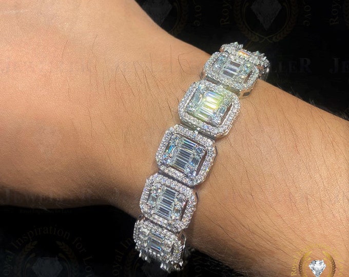 33.48CTW Colorless Moissanite Hip Hop Bling Buss Down Iced 15mm Width Cluster Halo Tennis Baguette Moissanite Bracelet White Gold Plated