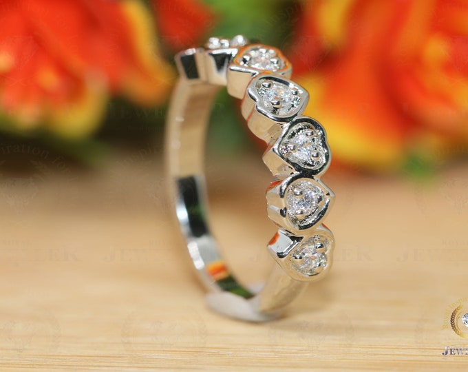 Colorless 1.12Ct Moissanite Bezel Set Band / Half Eternity Women Wedding Band / Heart Shape Moissanite Bridal Band / Holiday Gift Ring