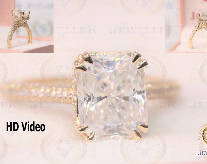 3.78ct Colorless Radiant Cut Hidden Halo Moissanite Engagement Ring, Moissanite Wedding Ring, Gold Ring, Cathedral Setting, Certified Ring