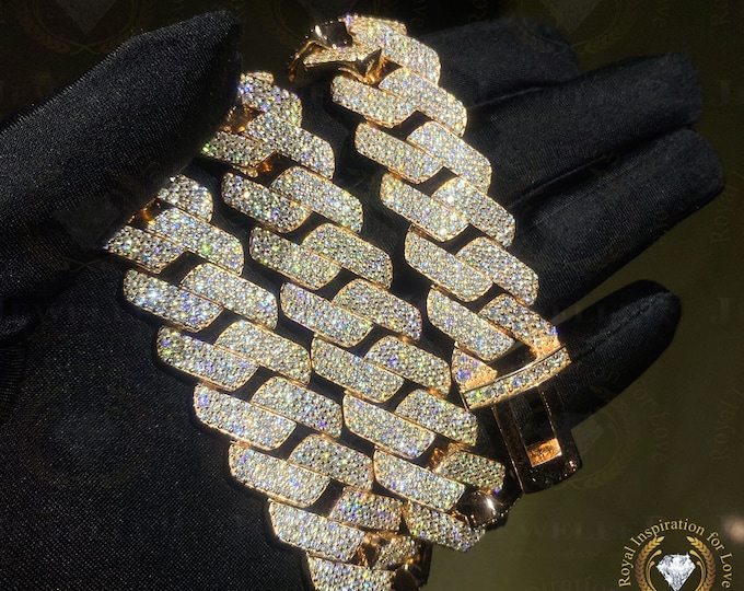 16mm 59.32CTW VVS1/Colorless Moissanite Cuban Link Chain, Hip Hop Three Line Set Cuban Link Chain Necklace, Iced Out 20" Yellow Gold Plated