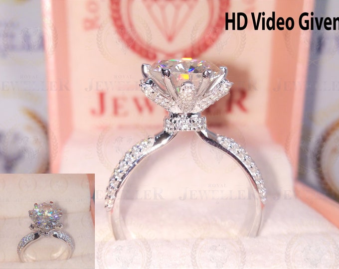 Moissanite Engagement Ring, 3.90ct Forever One Round Cut Ring, .56ct Natural Diamonds, Unique Ring, Flower Shape Ring, Custom Rings For Gift