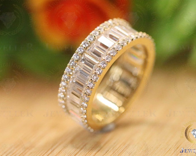 Baguette Colorless Moissanite Anniversary Band, Channel Setting Full Eternity Engagement Band, 14Kt Yellow Gold Men's Wedding Band For Gift