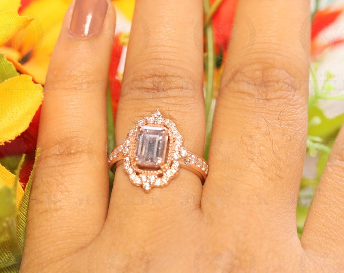1.64ct Emerald Cut Halo Antique Colorless Moissanite Engagement Ring with 0.65ct of Moissanite on Side, Classic Traditional Bridal Wedding
