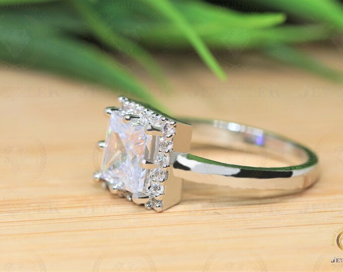 3.21 TCW Forever One Colorless Princess Cut Moissanite Ring/ Custom Halo Wedding Ring/ Engagement Ring/4 Prong Prong Set Ring/ 14K Gold Ring