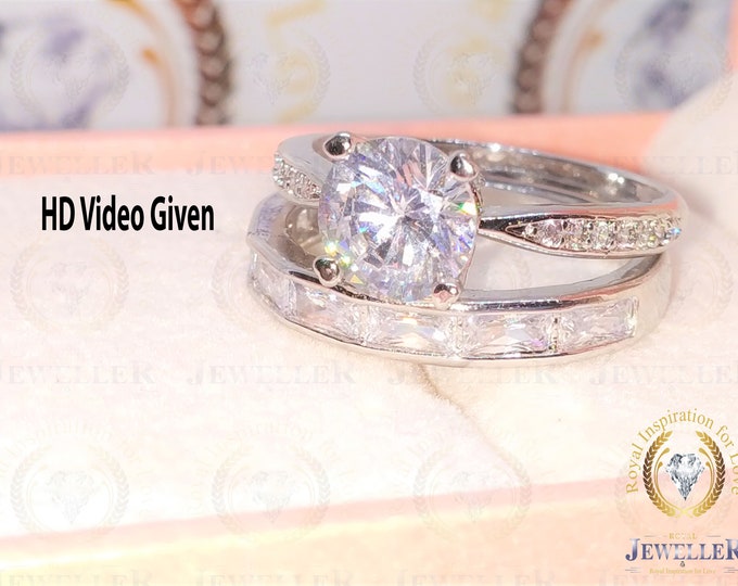 2.98 cttw Art Deco Bridal Set Ring Round Solitaire Engagement Ring Baguette DEF Colorless Moissanite Wedding Ring Dainty Bridal Set 14K Gold