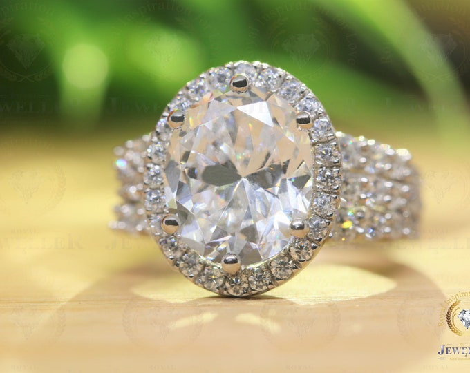 6.45Ctw Oval Moissanite Halo Engagement Ring, Wedding Bridal Ring,Best Anniversary Ring, Promise Ring For Her, Three Row Shank Ring For Gift