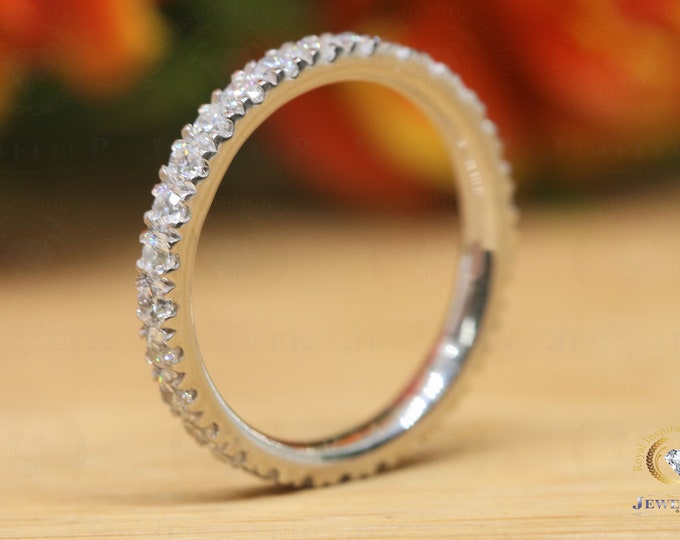 Full Eternity 1.80MM Round Colorless Moissanite Wedding Band, Prong Setting Eternity Band, Stacking Ring, Bridal Ring Set, Anniversary Gift