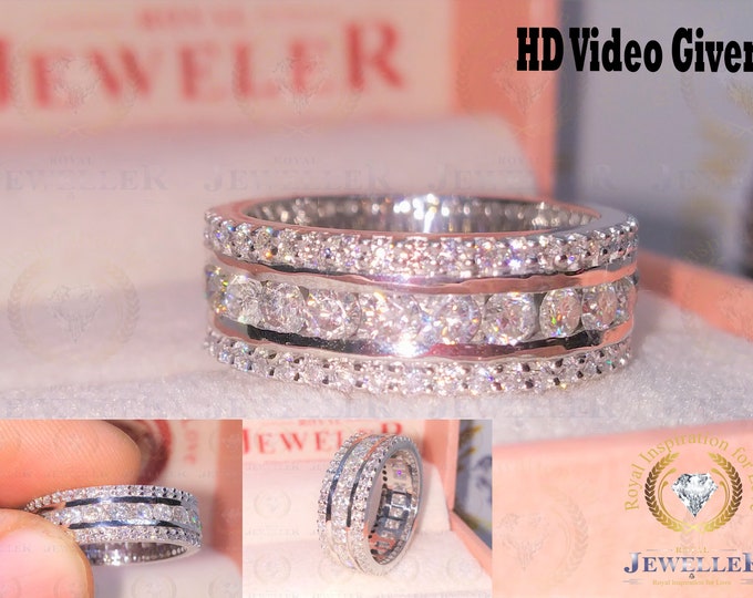 5.40ct Moissanite Wedding Band Round Anniversary Band Forever One Moissanite Eternity Band White Gold With 1.22ct Natural Diamond On Side