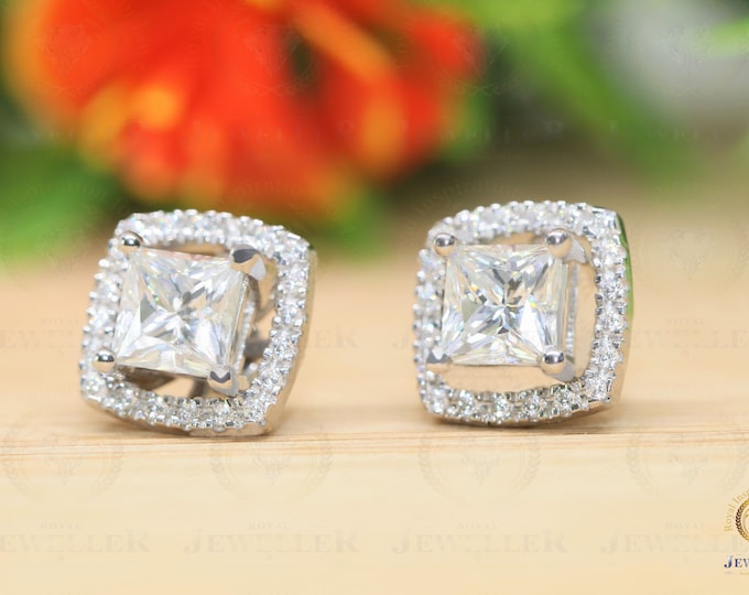 Every Day Wearing 14K White Gold 3.49CTW Princess Colorless Moissanite Stud Earrings Screw Back With Halo Basket Setting Earring For Gift