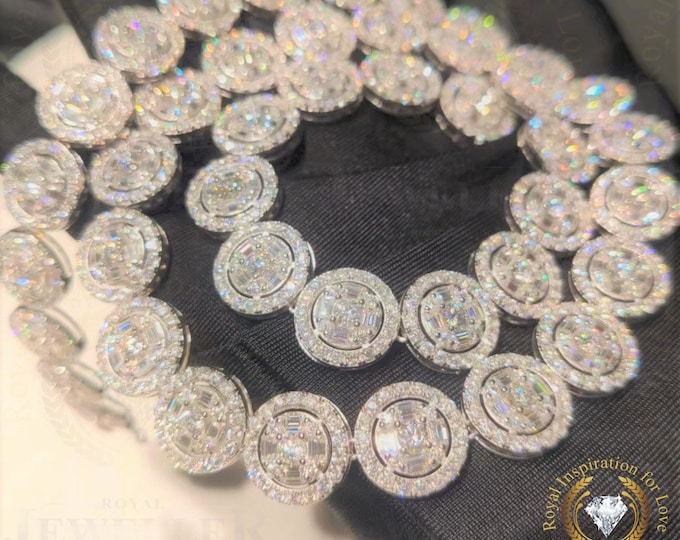 Colorless Alternate Real Diamond VVS Baguette Moissanite Hip Hop Tennis Necklace 14mm Wide Ice Out Cuban link Chain 925 White Gold Plated
