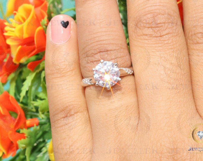 3.67CTW Round Hearts & Arrows Cut Colorless Moissanite Solitaire Engagement Ring, Six Prongs Wedding Ring, Anniversary Ring, Solid Gold Ring