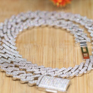 14mm 49.32CTW VVS1/Colorless Moissanite Cuban Link Chain, Hip Hop Two Line Set Cuban Link Chain Necklace, Iced Out 20" White Gold Plated