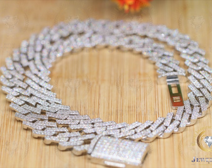 14mm 49.32CTW VVS1/Colorless Moissanite Cuban Link Chain, Hip Hop Two Line Set Cuban Link Chain Necklace, Iced Out 20" White Gold Plated