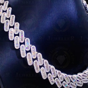 16mm Baguette 88.21CTW Moissanite Elongated Shape Link Cuban VVS1/DEF Colorless Moissanite Hip Hop Rapper Iced Out Cuban White Gold Plated