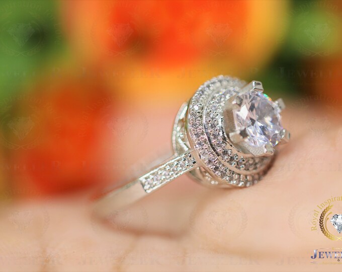 Dual Halo Moissanite 3.12CTW Round Cut Engagement Ring, Tulip Ring, Half Eternity Moissanite Halo 14K Gold Ring, Round Cut Gift Ring For Her