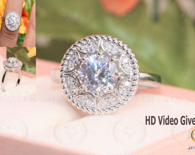 2.34CT Round Colorless Moissanite Ring, Statement Cable Halo Moissanite Ring, Wedding Ring, Halo Anniversary Ring For Gift, White Gold Ring