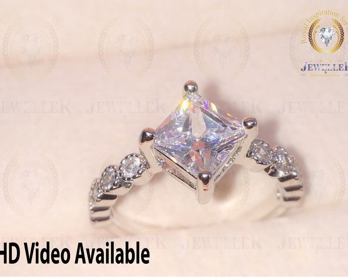 Princess Cut Forever One Moissanite & 0.67Ct Real Diamond Platinum 950 Engagement Ring, Bezel Shank Anniversary Gift,14k White Solid Gold