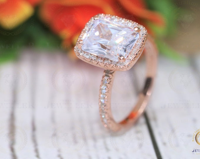 4.32Ctw Radiant Moissanite Halo French Pave Setting Engagement Ring, Anniversary/Wedding Gold Ring, 14Kt Rose Gold French Pave Style Ring