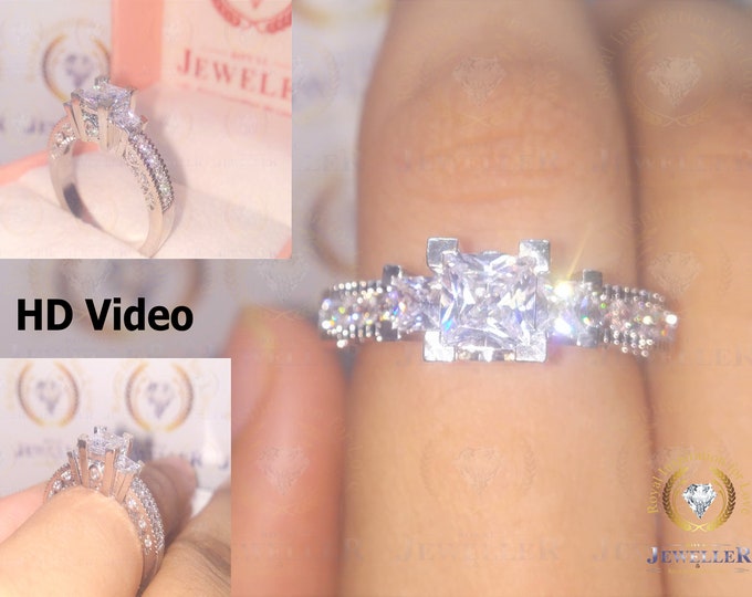 2.68 TCW Princess Colorless Moissanite Engagement Ring, Three Stone Ring, Moissanite Wedding Ring, Anniversary Gifts For Her, Wedding Gift