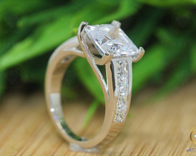 6.78 TCW DEF Colorless Princess Cut Moissanite Ring/Custom Solitaire Channel Set Shank Anniversary Ring/ Engagement Ring,14K White Gold Ring