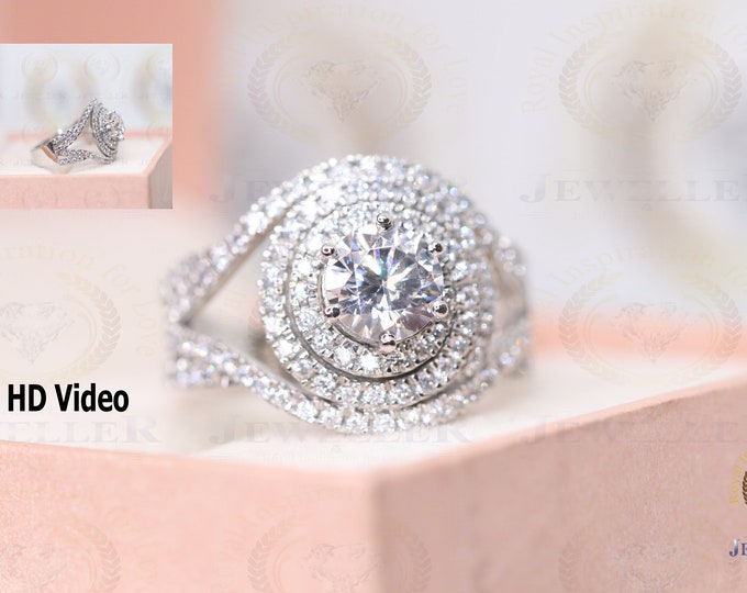 1.3CT Round Cut Colorless Sparkle Halo Ring | Double Halo Pave Split Shank Engagement Ring | Halo Wedding Ring | Anniversary Delicate Ring