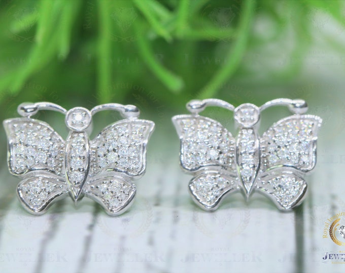 Round Cut Colorless Moissanite Butterfly Earrings, Push Back/Screw Back Earrings, Butterfly Stud Earrings for Women, Anniversary Gifts