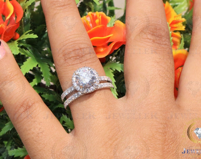 2.89CTW Colorless Moissanite Bridal Set White Gold Engagement Ring Round Halo Ring With Half Eternity Moissanite Matching Band Stacking Ring