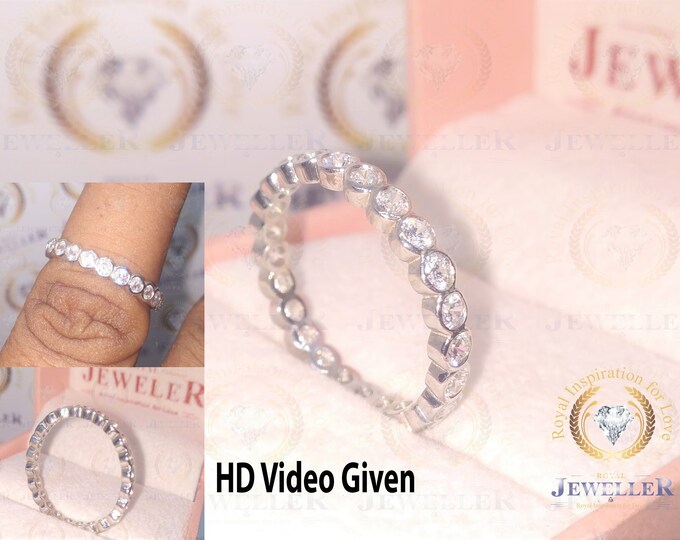 Bezel setting Eternity Wedding Band in 10k/14k/18k White Gold, Round Cut Colorless Moissanite band, Anniversary Band, Forever Gift