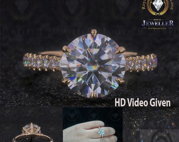 9mm EF Color Moissanite Engagement Ring, Hidden Halo Wedding Ring Rose Gold Solitaire Real Lab Diamond On Side 6 Six Prongs Ring For Gift